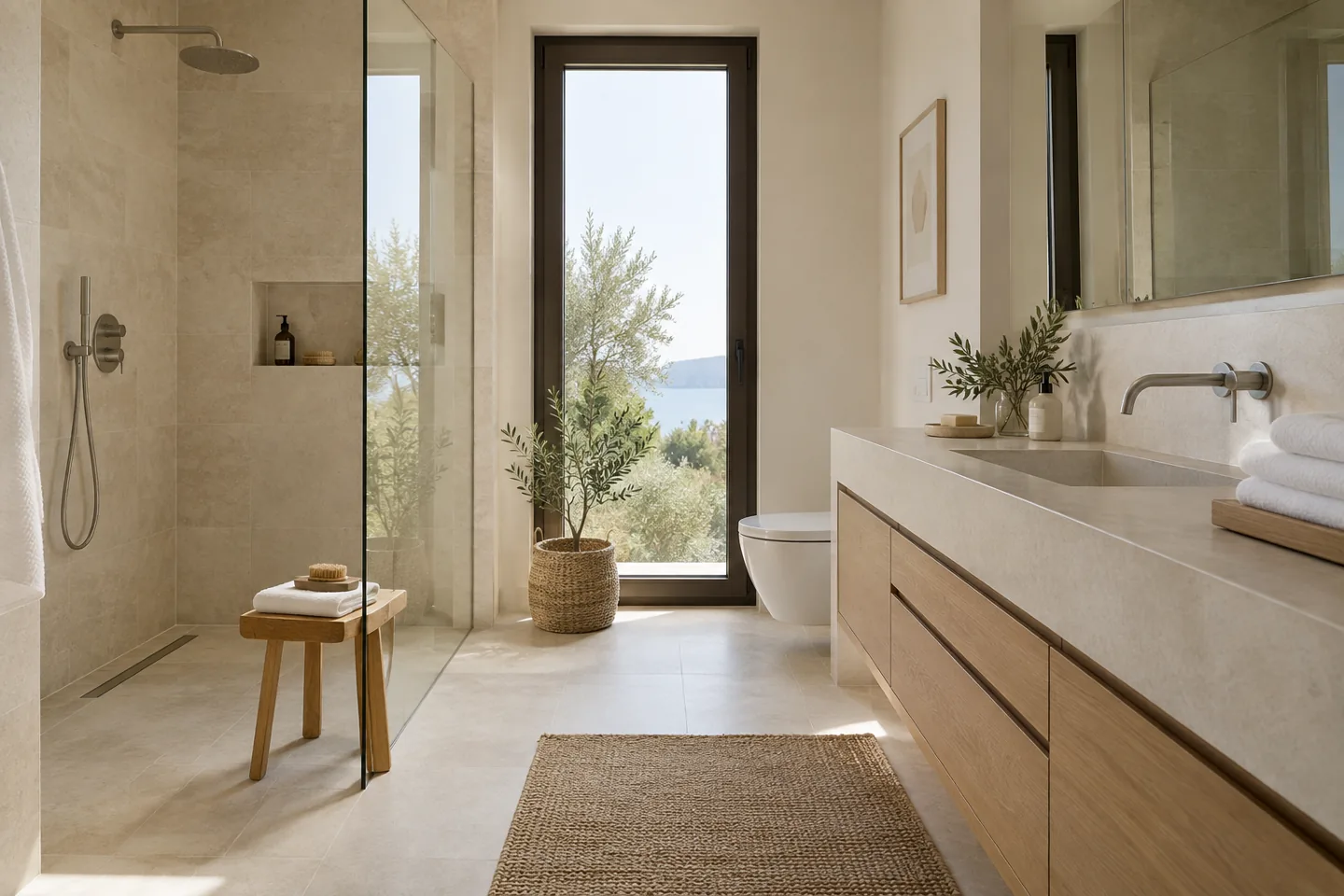 Baño cuidado con mampara de cristal y acabados de piedra